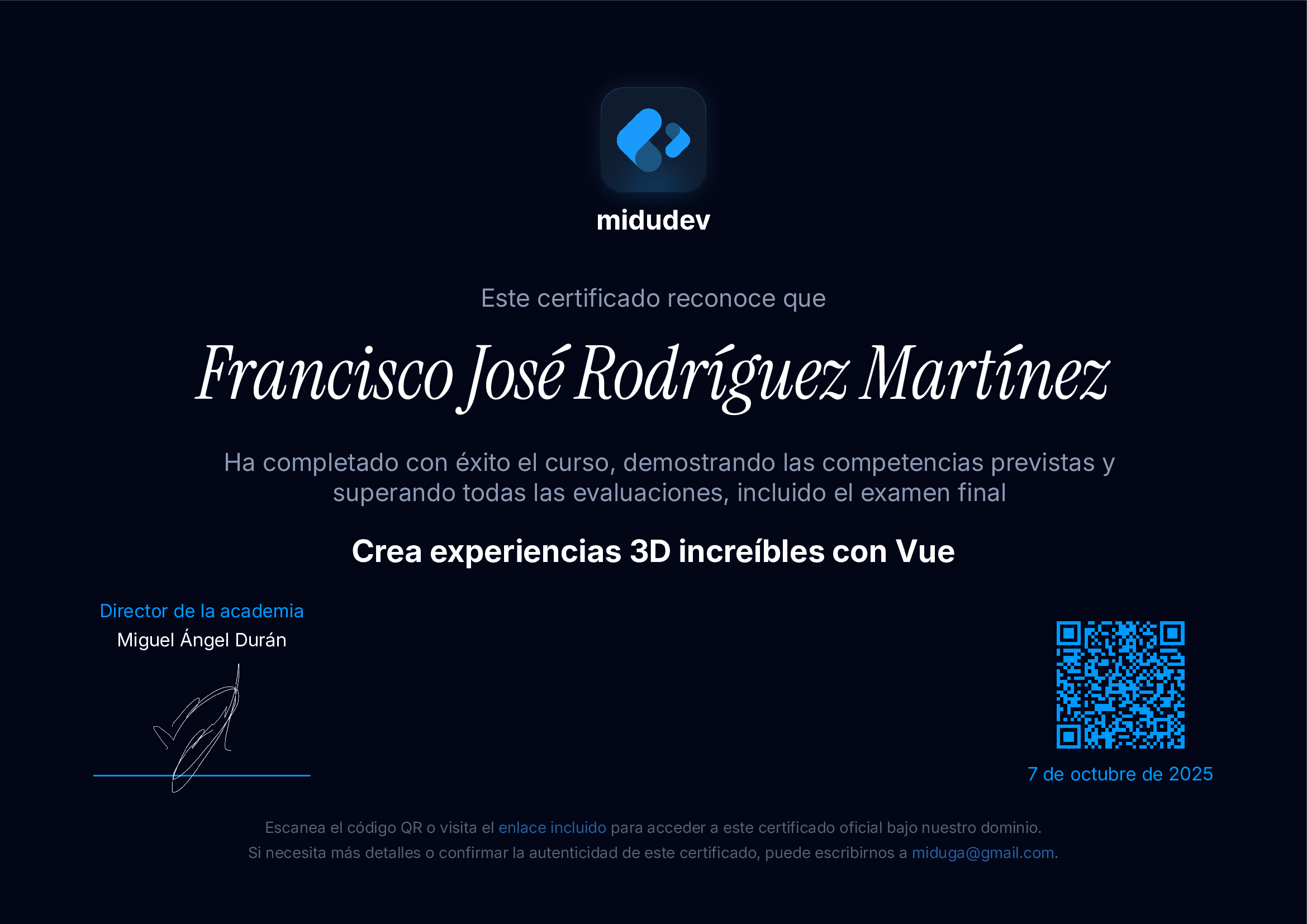 Certificado de Experiencias 3D con Vue